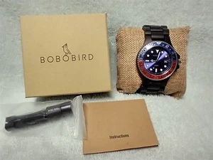 BOBO BIRD "PEPSI" LIMITED EDITION DIVER STYLE MEN'S EBONY ALL WOOD DATE WATCH - Picture 1 of 13
