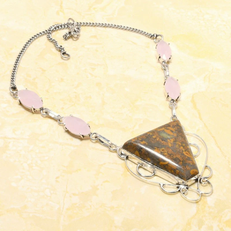 Collar de joyería de regalo hecho a mano de piedras preciosas de calcedonia rosa jaspe de bambú 18" Foto 1 de 1