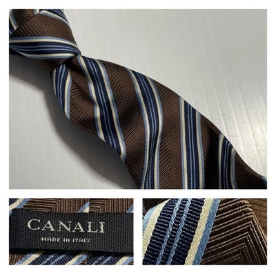 Corbata de seda CANALI Italia clásica grapa marrón espiga azul a rayas Foto 1 de 4