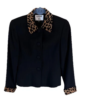 Designer Vintage Kasper Black Jacket Faux Leopard Trim Size 4P - Image 1 of 4