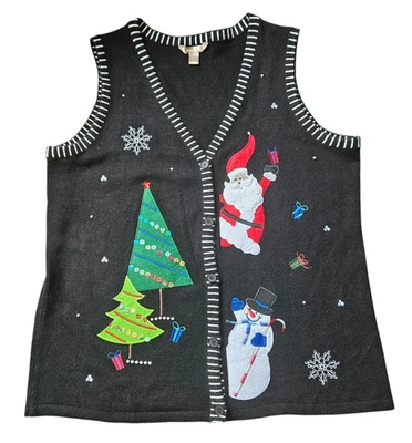 Ciervo Blanco Mujer 2X Feo Navidad Chaleco Negro 3D Perlas Muñeco de Nieve Papá Noel Abotonado Foto 1 de 4