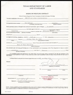 Ted DiBiase Million Dollar Man 1982 Signed Autograph Wrestling Contract WW38 - Image 1 of 2