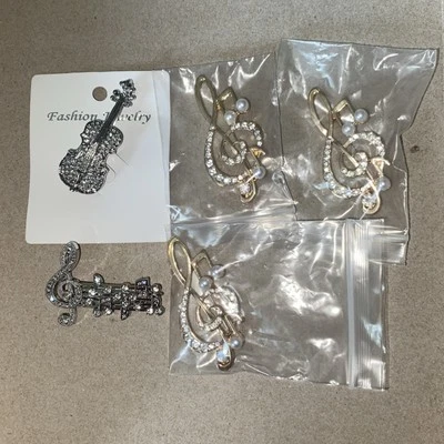 Piezas musicales de moda prendedores de perlas de diamantes de imitación de piedra plateada. 5 pines Foto 1 de 4