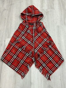 Takara Girls Red Plaid Tartan Christmas Hooded Poncho Shawl Fringed Edges Small - Picture 1 of 7