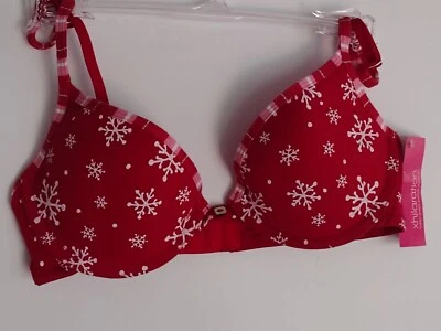 EXHILARATION 32B COTTON STRETCH PUSH UP PLUNGE BRA RED SNOW FLAKES UW BRA NWT. - Image 1 of 4