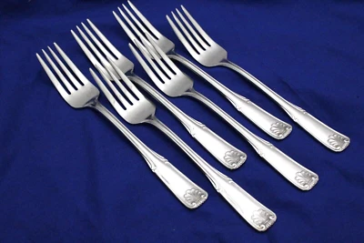 SET OF 6 Oxford Hall "BRIGHT SHELL" Stainless Dinner Forks 7 1/4" - Image 1 of 4