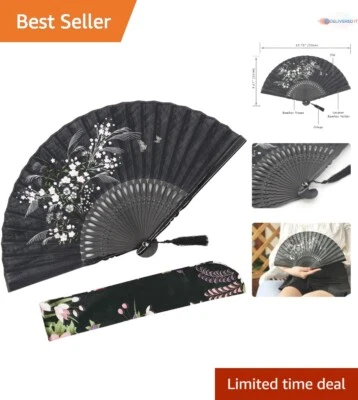 Folding Hand Fan Bamboo Linen Vintage Oriental Decor for Dance Party Gift - Image 1 of 4