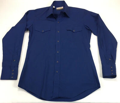 Camisa azul vintage dorada de KARMAN para hombre con broches de presión de perlas moradas 15,5/35 Foto 1 de 4