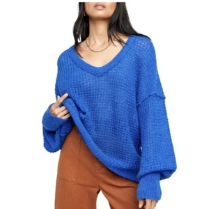 Free People Lulu Oversized V-Neck Knit Sweater Women’s Size Small Blue - Picture 1 of 9
