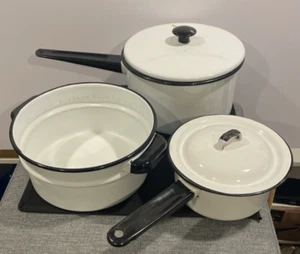Vtg (3) Enamelware Pan Sauce Pots White Black Metal 1950s Retro Kitchen Decor - Picture 1 of 17
