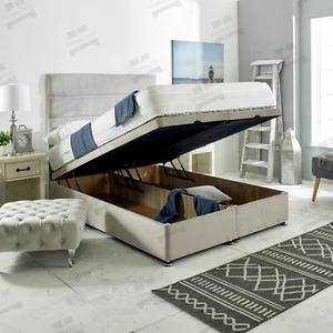 Velvet Ottoman Gas Lift Storage Divan Bed Frame with Panelled 51 inch Headboard - Picture 1 of 6