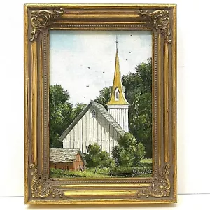 Dipinto miniatura originale Deleta Siurek arte popolare americana chiesa cappella Amish - Foto 1 di 11