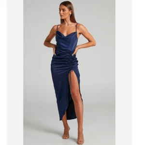 Showpo Lieselotte Midi Dress Ruched Front Split Cowl Neck Satin NEW Navy Blue 14 - Picture 1 of 12