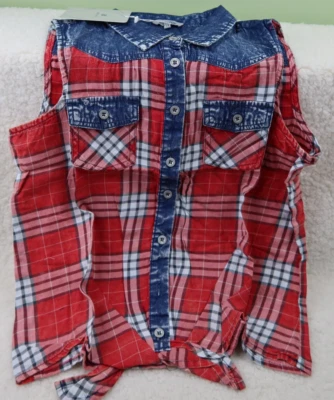 Bienzoe Girl's Plaid Denim Sleeveless Blouse Casual Tank Tops Black/Red Size 14 - Image 1 of 4