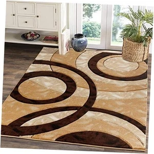  Area Rug Modern 5x7 Brown Circles Geometry Soft Hand Carved Contemporary  - Picture 1 of 7