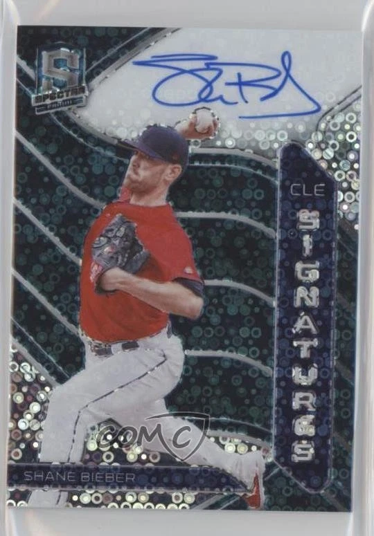 2021 Panini Spectra Signatures Neon Blue Prizm /25 Shane Bieber #SPS-SB Auto - Image 1 of 2