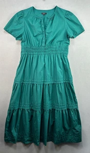Quince Dress XL Maxi Tiered Green 100% Organic Cotton Poplin Pockets Smocked - Picture 1 of 8