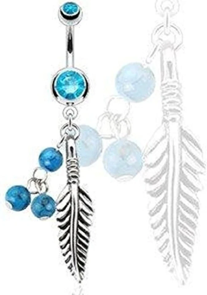 Belly button ring 316L Surgical Steel Feather with Blue Turquoise Semi Precious - Imagem 1 de 1
