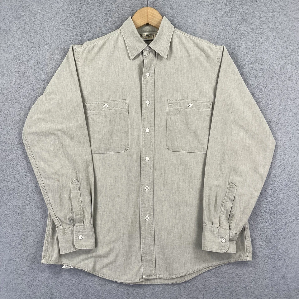 Vintage LL Bean Shirt Mens Medium Green Beige Long Sleeve Pockets 90s USA Made - Image 1 of 4