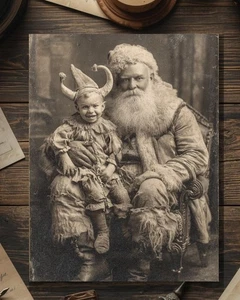 Vintage Victorian Santa with Creepy Jester Child Christmas Card Gothic Holiday - Picture 1 of 4