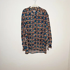 Burma Bibas Men's Lg 100% Silk Long Sleeve Button Up Blue Geometric Print Shirt - Picture 1 of 7