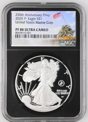2025 P Silver Eagle US Marine Corp 250th Privy NGC PF69 ¡Preventa! Foto 1 de 2