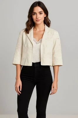 Chaqueta de Lino Bordada Crema Choices Petite Talla PS Boho Chic Blazer Recortado Foto 1 de 4