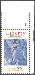 Scott 2224- The 1986 22¢ Statue of Liberty Issue - MNH Plate No. Single - Picture 1 of 1