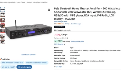 Pyle PDA7BU Home Theater Amplifier MP3/USB/SD/AUX/FM Black Bluetooth Receiver - Image 1 of 4