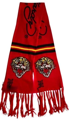 Bufanda vintage Ed Hardy por Christian Audigier tigre rayas rojas con flecos 9"x70" Foto 1 de 4