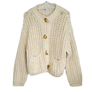 Zara Chunky Knit Oversized Cardigan Sweater Medium Cream Y2k Lux Scandi Cozy - Picture 1 of 10