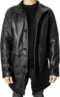 Men’s 3/4 Length Leather Car Coat - Real Lambskin Long Trench Jacket for Men - Image 1 of 4