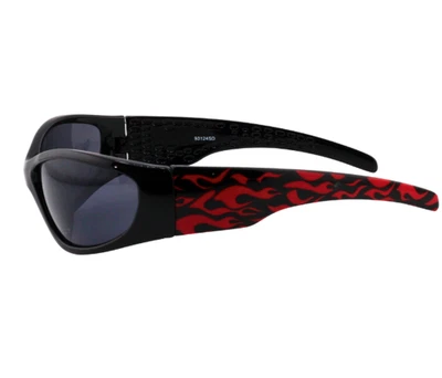 SUNGLASSES-Bold Wraparound Black Frame & Red Flame Design Charcoal Black Lens - Image 1 of 4