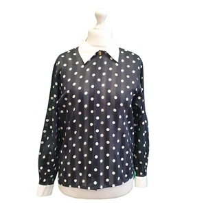 Vintage 80s Shirt Blouse Jaeger Black White Polka Dot L/ Sleeve  Uk S 8 Womens - Picture 1 of 5