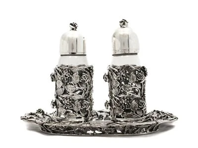 ITALIANO 925 PLATA ESTERLINA FORJADO A MANO ROSA SAL Y PIMIENTA COCTELERA Y BANDEJA Foto 1 de 4