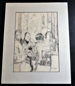 SCHIZZO ORIGINALE DISEGNO DI UOMO TAVOLA ROTONDA ARTISTA FIRMATO EDITH KRAMER - Foto 1 di 11