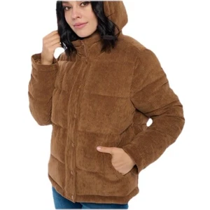 CI SONO Corduroy Jacket Quilted Coat Hooded Puffer Women’s Sz L Large Boxy Brown - Picture 1 of 14