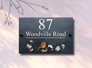 Blue Tit or Robin Natural Slate House Sign Name Number 4 Sizes Available - Picture 1 of 7