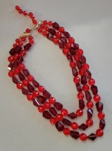 Vintage West Germany Triple Strand Necklace Multi Red  Faceted Beads - Picture 1 of 8