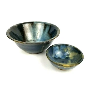 Studio Pottery Chip and Dip Bowl Blue Glaze Signed Gina Marie Hand Thrown - Picture 1 of 9