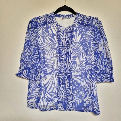 Blusa Walter Baker Talla L Azul Y Blanco Floral Botón Manga Abullonada Gasa Foto 1 de 4