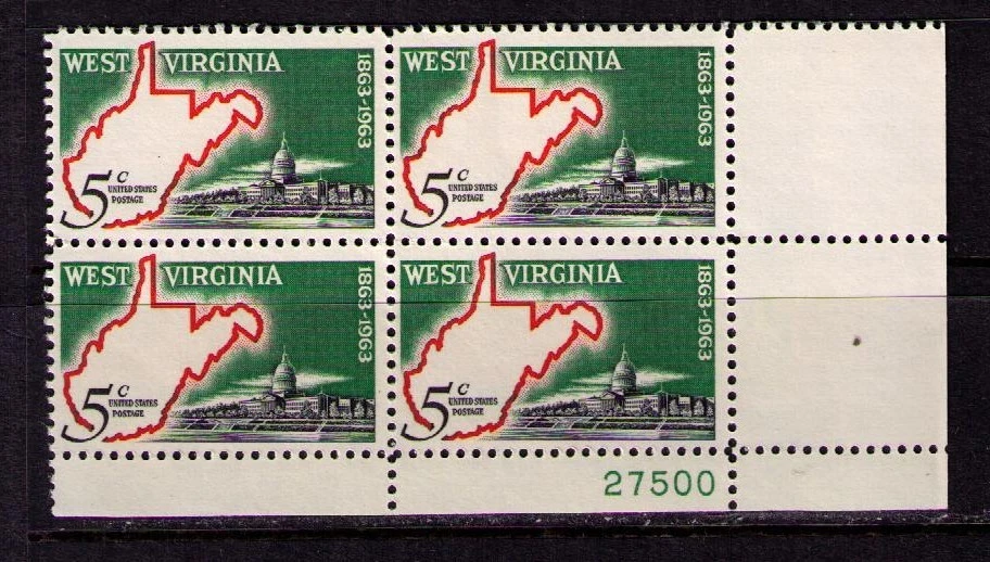 US USA Sc# 1232 MNH FVF PLATE # BLOCK West Virginia Capitol Building Map - Image 1 of 1