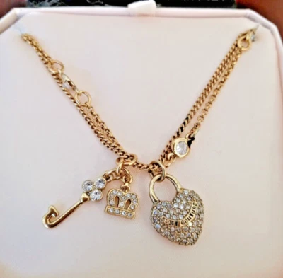 Collar Vintage Juicy Couture Chapado en Oro Circonita cúbica Llave 2 My Heart Doble Hilo CAJA NUEVA Foto 1 de 4