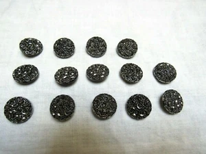 Vintage Set 14 Le Chic Buttons Black Glass Silver Luster Faceted Scrolls   - Picture 1 of 7
