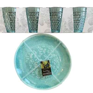 8 PC NICOLE MILLER Aqua Floral MELAMINE Plates & SHABBY CHIC Hobnail Glass Set - Picture 1 of 10