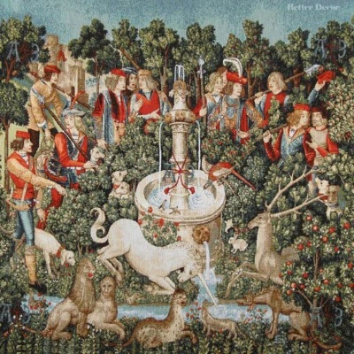 JACQ DE PARED. TAPIZ MEDIEVAL TEJIDO La Caza del Unicornio ANTIGUO DISEÑO MILLEFLEUR Foto 1 de 3