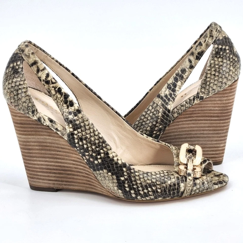 Sapatos femininos Coach Larchmont anabela cobra estampa natural tamanho 8 couro peep toe - Imagem 1 de 4