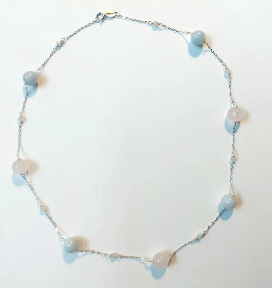 collana in argento 925 con acquamarina tonda e sfaccettata e quarzo rosa da 8 mm - Immagine 1 di 4