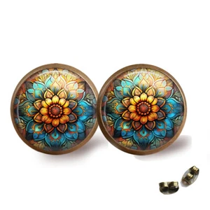 Bohemian Boho Flower Stud Earrings Bronze Glass Top Gift for Boho Jewelry Lover - Picture 1 of 3