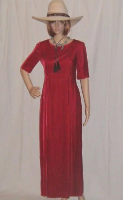 Maxi Vestido Vintage Terciopelo Años 70 Hecho a Mano Rojo Carmesí Manga Corta Columna Pequeño Foto 1 de 4